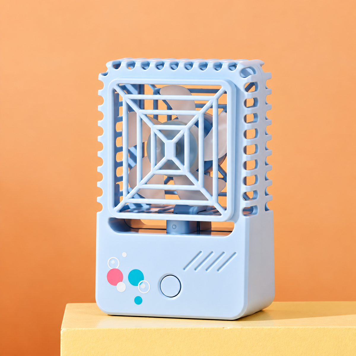 Sky Blue Usb Rechargeable Square Mini Desktop Fan With Night Light And Mesh Safety Cover